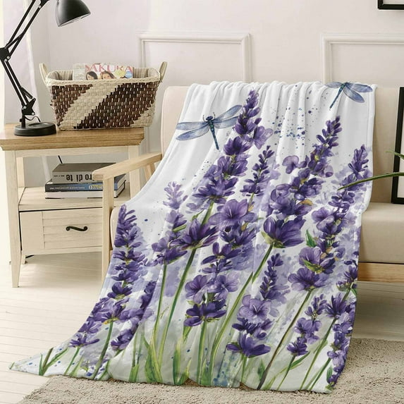 Fleece Blanket Farm Purple Flowers Lavender Blankets, Soft Cozy Warm Flannel Throw Blanket, Country Dragonfly Blanket for Bed Couch Sofa,40x50In