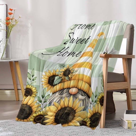 Fleece Blanket Farm Sunflower Cartoon Gnome Blankets, Soft Cozy Warm Flannel Throw Blanket, Green White Buffalo Check Blanket for Bed Couch Sofa,30x40In