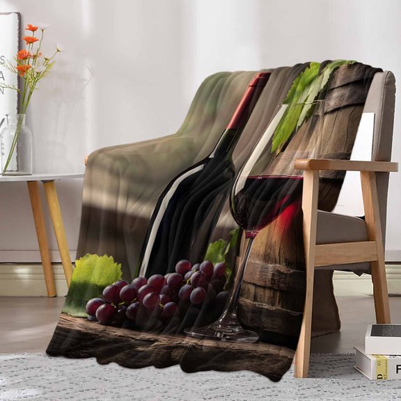 Fleece Blanket Farm Wine Grapes Casks Blankets, Soft Cozy Warm Flannel Throw Blanket, Vintage Country Art Blanket for Bed Couch Sofa,30x40In