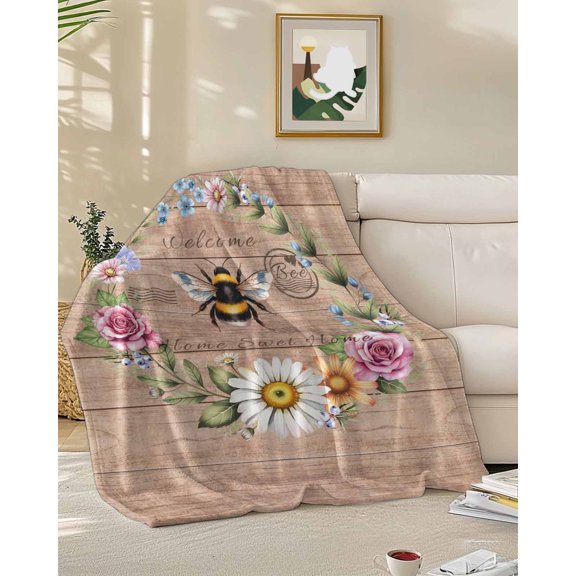 Fleece Blanket Farmhouse Bee Flower Wreath Blankets, Soft Cozy Warm Flannel Throw Blanket, Farm Retro Wood Board Blanket for Bed Couch Sofa,50x60In