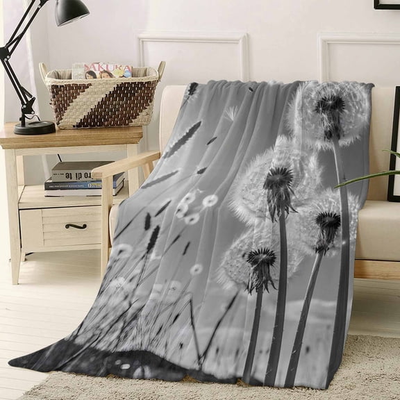 Fleece Blanket Farmhouse Grey Field Dandelion Rural Plant Blankets, Soft Cozy Warm Flannel Throw Blanket, Idyllic Botanical Blanket for Bed Couch Sofa,40x50In