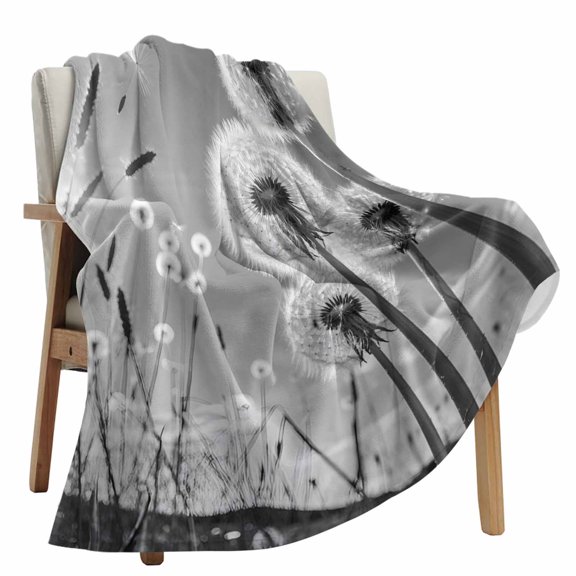 Fleece Blanket Farmhouse Grey Field Dandelion Rural Plant Blankets, Soft Cozy Warm Flannel Throw Blanket, Idyllic Botanical Blanket for Bed Couch Sofa,40x60In