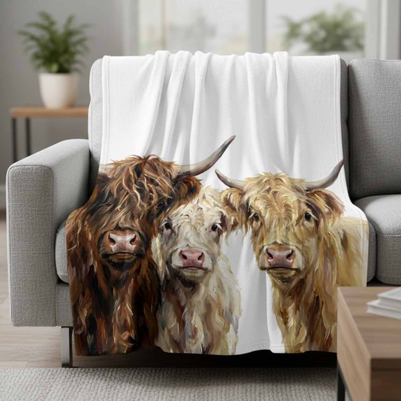 Fleece Blanket Farmhouse Highland Cows Blankets,Soft Cozy Warm Flannel Throw Blanket,Watercolor Three Highland Cattle Blanket for Bed Couch Sofa 30x40in
