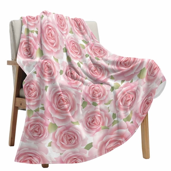 Fleece Blanket Farmhouse Pastoral Flower Leaf Blankets, Soft Cozy Warm Flannel Throw Blanket, Seamless Pink Rose Floral Blanket for Bed Couch Sofa,40x60In