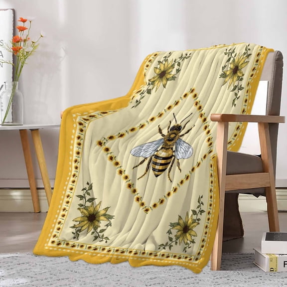 Fleece Blanket Farmhouse Sunflower Bee Blankets, Soft Cozy Warm Flannel Throw Blanket, Pastoral Floral Retro Yellow Theme Blanket for Bed Couch Sofa,30x40In