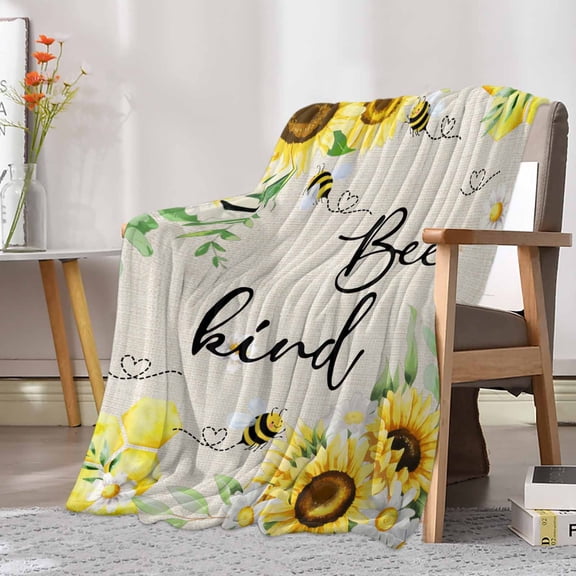 Fleece Blanket Farmhouse Sunflower Bee Leaf Blankets, Soft Cozy Warm Flannel Throw Blanket, Pastoral Botanical on Linen Blanket for Bed Couch Sofa,30x40In