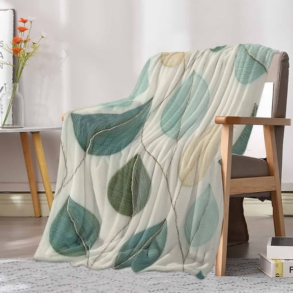 Fleece Blanket Farmhouse Teal Green Leaf Blankets, Soft Cozy Warm Flannel Throw Blanket, Vintage Watercolor Leaves Blanket for Bed Couch Sofa,30x40In
