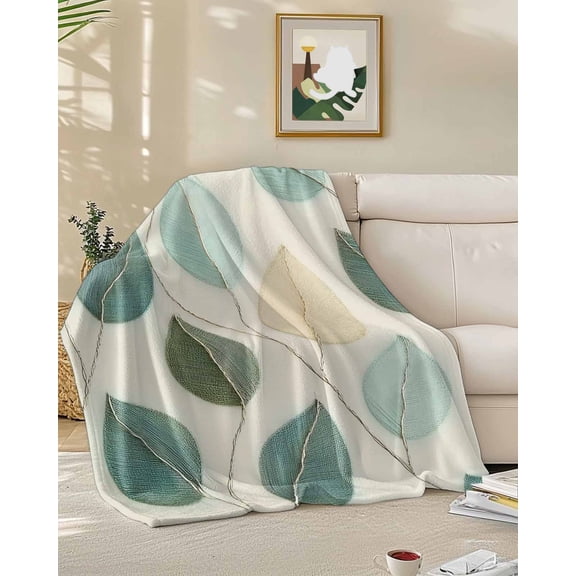 Fleece Blanket Farmhouse Teal Green Leaf Blankets, Soft Cozy Warm Flannel Throw Blanket, Vintage Watercolor Leaves Blanket for Bed Couch Sofa,50x60In