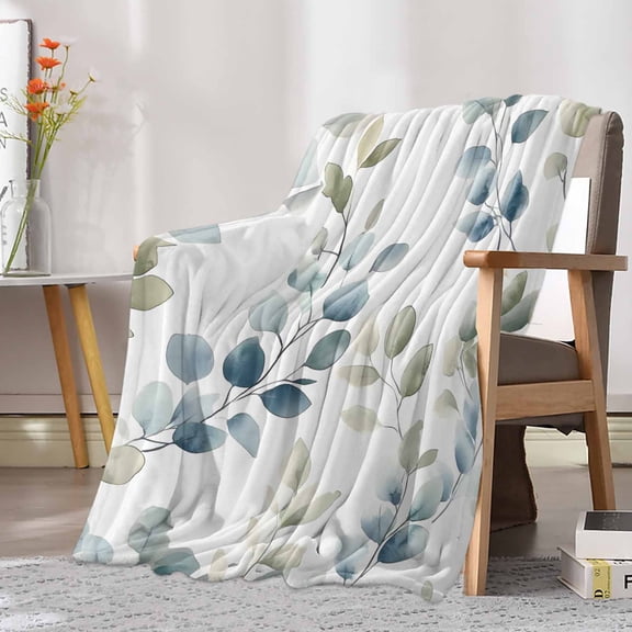 Fleece Blanket Farmhouse Watercolor Eucalyptus Leaves Blankets, Soft Cozy Warm Flannel Throw Blanket, Blue Green Plants Blanket for Bed Couch Sofa,30x40In
