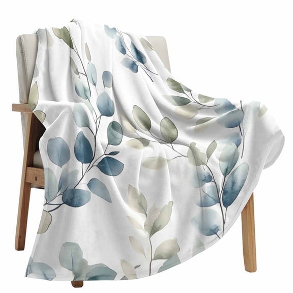 Fleece Blanket Farmhouse Watercolor Eucalyptus Leaves Blankets, Soft Cozy Warm Flannel Throw Blanket, Blue Green Plants Blanket for Bed Couch Sofa,40x60In