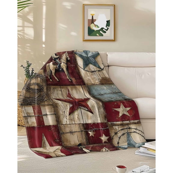 Fleece Blanket Farmhouse Western Cowboy Vintage Wood Blankets, Soft Cozy Warm Flannel Throw Blanket, Rustic Stars Horse Blanket for Bed Couch Sofa,50x60In