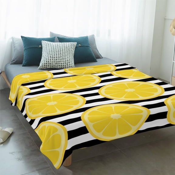 Fleece Blanket Farmhouses Country Yellow Lemon Blankets,Soft Cozy Warm Flannel Throw Blanket,Black White Stripes Blanket for Bed Couch Sofa 50x60in
