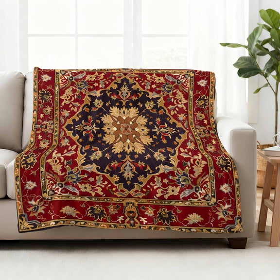 Fleece Blanket Floral Leaves Frames Vintage Mid Century Afghan Black Wheat Red Blankets,Soft Cozy Warm Flannel Throw Blanket,Blanket for Bed Couch Sofa 40x50in