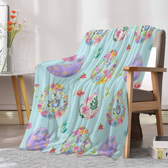 Fleece Blanket Flower Easter Egg Rabbit Blankets, Soft Cozy Warm Flannel Throw Blanket, Spring Floral Eggs on Blue Blanket for Bed Couch Sofa,30x40In