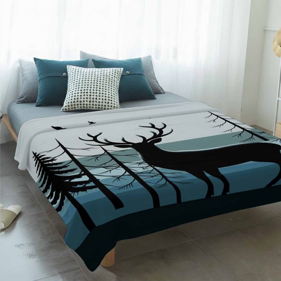Fleece Blanket Forest Elk Silhouette Blankets,Soft Cozy Warm Flannel Throw Blanket,Gradient Blue Stripes Blanket for Bed Couch Sofa 60x80in