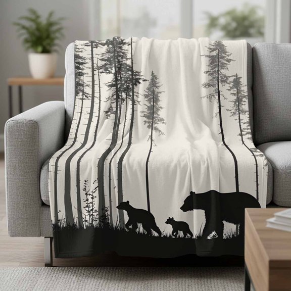 Fleece Blanket Forest Walking Bear Retro Family Silhouette Blankets,Soft Cozy Warm Flannel Throw Blanket,Wildlife Blanket for Bed Couch Sofa 30x40in