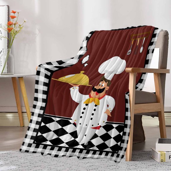 Fleece Blanket Funny Chef Food Cutlery Blankets, Soft Cozy Warm Flannel Throw Blanket, Black White Plaid Dark Maroon Blanket for Bed Couch Sofa,30x40In