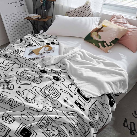 Fleece Blanket Game Console Sketch Blankets, Soft Cozy Warm Flannel Throw Blanket, Black And White Gaming Art Blanket for Bed Couch Sofa,60x80In