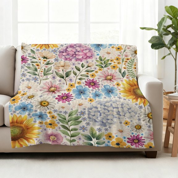 Fleece Blanket Garden Rustic Flower Leaves on Linen Blankets,Soft Cozy Warm Flannel Throw Blanket,Retro Seamless Floral Blanket for Bed Couch Sofa 40x50in