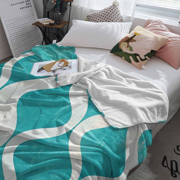 Fleece Blanket Geometric Abstract Wave Texture Blankets, Soft Cozy Warm Flannel Throw Blanket, Ombre Teal Backdrop Blanket for Bed Couch Sofa,60x80In
