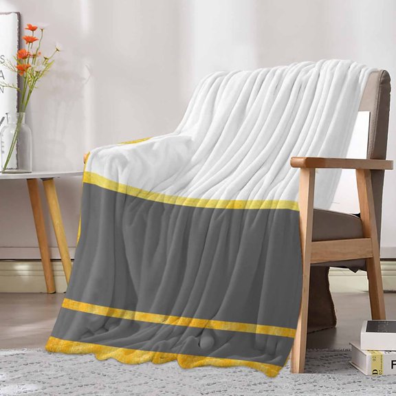 Fleece Blanket Gold Stripe Border Gray White Square Blankets, Soft Cozy Warm Flannel Throw Blanket, Modern Abstract Art Blanket for Bed Couch Sofa,30x40In