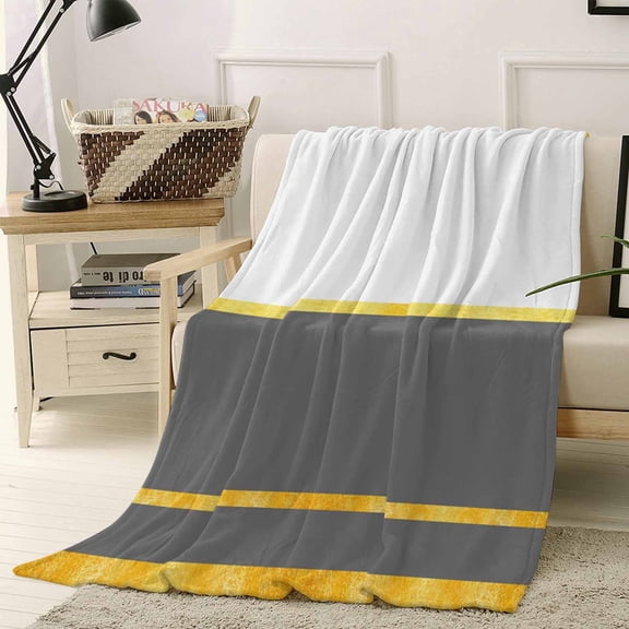 Fleece Blanket Gold Stripe Border Gray White Square Blankets, Soft Cozy Warm Flannel Throw Blanket, Modern Abstract Art Blanket for Bed Couch Sofa,40x50In