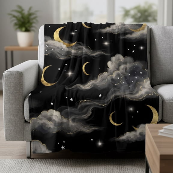 Fleece Blanket Golden Moons Mystical Evening Blankets,Soft Cozy Warm Flannel Throw Blanket,Celestial Cloud Black Sky Blanket for Bed Couch Sofa 30x40in