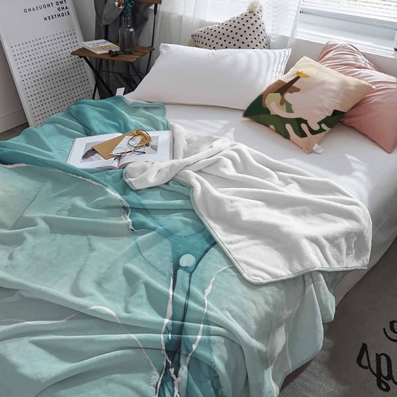 Fleece Blanket Gradient Marble Agate Stone Blankets, Soft Cozy Warm Flannel Throw Blanket, Aqua White Ombre Lines Blanket for Bed Couch Sofa,60x80In