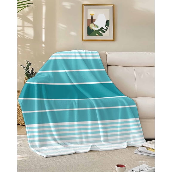 Fleece Blanket Gradient Turquoise White Stripes Blankets, Soft Cozy Warm Flannel Throw Blanket, Ombre Abstract Art Blanket for Bed Couch Sofa,50x60In