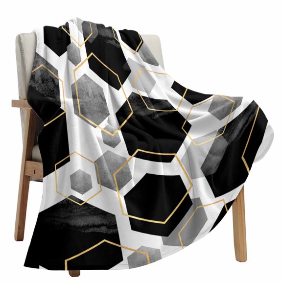 Fleece Blanket Gray Black Color Block Geometric Blankets, Soft Cozy Warm Flannel Throw Blanket, Gold Stripe Hexagon lanket for Bed Couch Sofa,50x80In