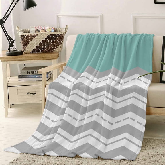 Fleece Blanket Gray Ripple Zigzag Chevron Blankets, Soft Cozy Warm Flannel Throw Blanket, Teal Watercolor Blanket for Bed Couch Sofa,40x50In