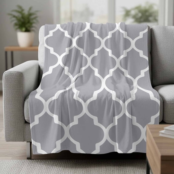 Fleece Blanket Gray White Moroccan Pattern Blankets,Soft Cozy Warm Flannel Throw Blanket,Modern Geometric Art Blanket for Bed Couch Sofa 30x40in