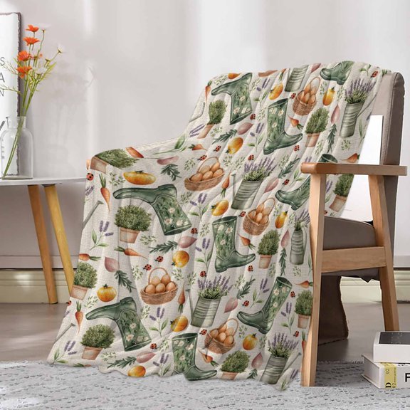 Fleece Blanket Green Boots Lavender Flower Blankets, Soft Cozy Warm Flannel Throw Blanket, Retro Farm Thing on Linen Blanket for Bed Couch Sofa,30x40In