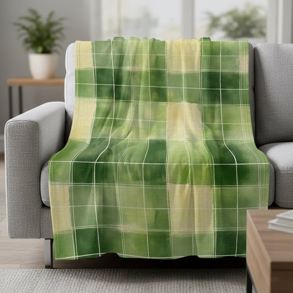 Fleece Blanket Green Yellow Gingham Plaid on Linen Blankets,Soft Cozy Warm Flannel Throw Blanket,Spring St.Papa's Day Blanket for Bed Couch Sofa 30x40in