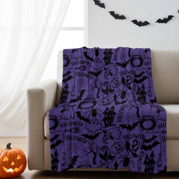 Fleece Blanket Halloween Pumpkin Bat Witch Hat Blankets,Soft Cozy Warm Flannel Throw Blanket,Vintage Purple and Black Blanket for Bed Couch Sofa 30x40in