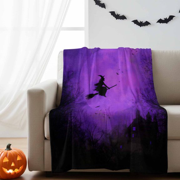 Fleece Blanket Halloween Witch Moon Blankets,Soft Cozy Warm Flannel Throw Blanket,Abstract Horror Scenery on Pueple Blanket for Bed Couch Sofa 30x40in