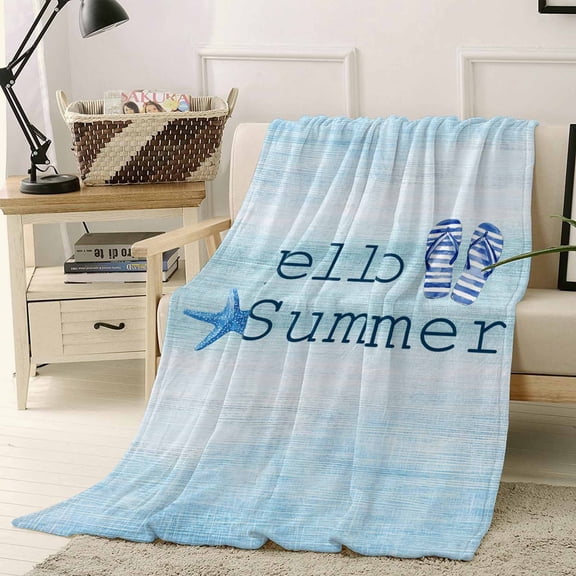 Fleece Blanket Hello Summer Starfish Flip Flops Blankets, Soft Cozy Warm Flannel Throw Blanket, Blue Gradient Blanket for Bed Couch Sofa,40x50In