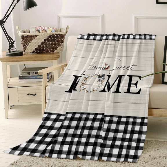 Fleece Blanket Home Black White Gingham Check Blankets, Soft Cozy Warm Flannel Throw Blanket, Farm Vintage Wood Board Blanket for Bed Couch Sofa,40x50In