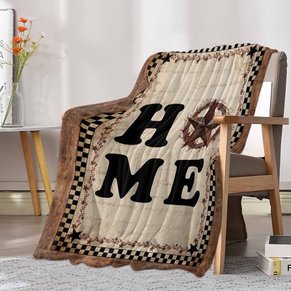 Fleece Blanket Home Words on Vintage Letter Blankets, Soft Cozy Warm Flannel Throw Blanket, Country Stars Black Plaid Blanket for Bed Couch Sofa,30x40In
