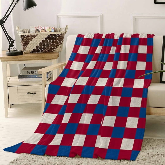 Fleece Blanket Independence Day Blue Red Buffalo Plaid Blankets, Soft Cozy Warm Flannel Throw Blanket, Retro Linen Blanket for Bed Couch Sofa,40x50In