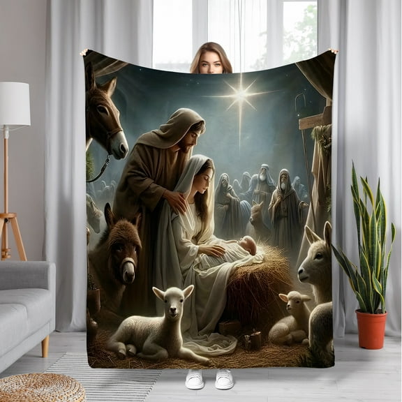 Fleece Blanket with Intricate Nativity Scene - Soft, Lightweight, Ideal for Bedding, Travel, Camping, Home, Office, Sofa, Chair - All-Season Comfort, Polyester, Digital Print, Allseason Throw | Nativ
