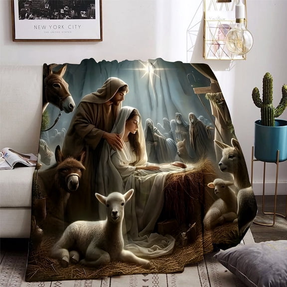 Fleece Blanket with Intricate Nativity Scene - Soft, Lightweight, Ideal for Bedding, Travel, Camping, Home, Office, Sofa, Chair - All-Season Comfort, Polyester, Digital Print, Allseason Throw