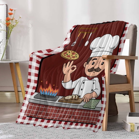 Fleece Blanket Kitchen Cute Chef Cook Burgundy Red Plaid Blankets, Soft Cozy Warm Flannel Throw Blanket, Pizza Gourmet Blanket for Bed Couch Sofa,30x40In