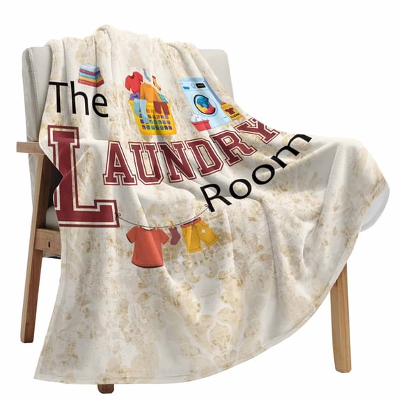 Fleece Blanket Laundry Room Clothes Cartoon Style Blankets, Soft Cozy Warm Flannel Throw Blanket, Retro Classic Flower lanket for Bed Couch Sofa,50x80In