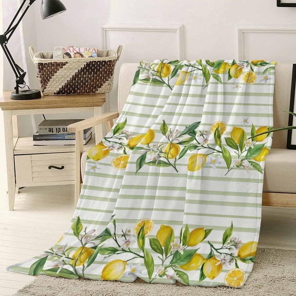 Fleece Blanket Lemon Summer Flower Sage Green Stripes Blankets, Soft Cozy Warm Flannel Throw Blanket, Country Watercolor Leaves Blanket for Bed Couch Sofa,40x50In