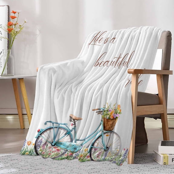Fleece Blanket Life Is A Beautiful Ride Blankets, Soft Cozy Warm Flannel Throw Blanket, Country Bike Flowers Blanket for Bed Couch Sofa,30x40In