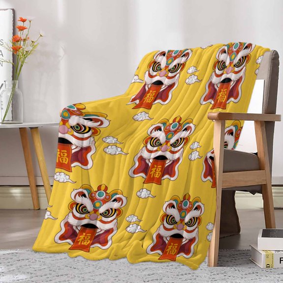 Fleece Blanket Lunar New Year Chinese Lion Dance Blankets, Soft Cozy Warm Flannel Throw Blanket, Blessing Cloud on Yellow Blanket for Bed Couch Sofa,30x40In