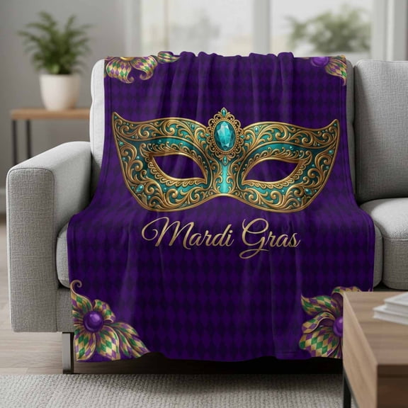 Fleece Blanket Mardi Gras Mask Purple Plaid Blankets,Soft Cozy Warm Flannel Throw Blanket,Abstract Blossom Floral Blanket for Bed Couch Sofa 30x40in