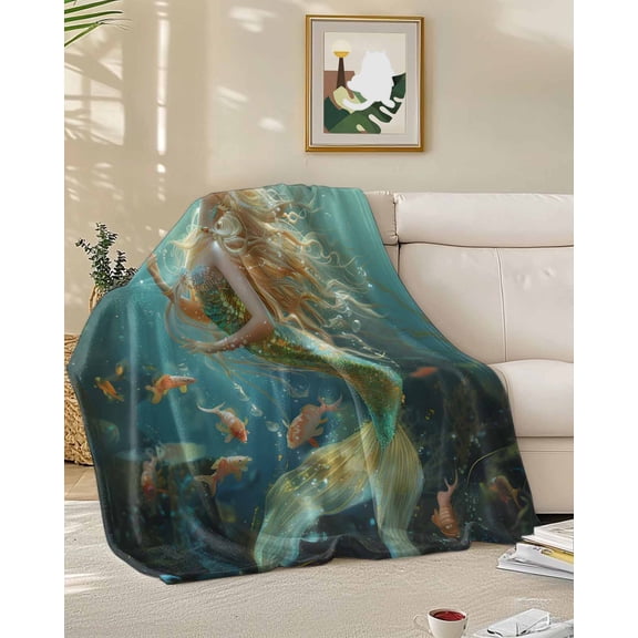 Fleece Blanket Marine Beautiful Mermaid Fish Blankets, Soft Cozy Warm Flannel Throw Blanket, Undersea Ocean Life Seaweed Blanket for Bed Couch Sofa,50x60In
