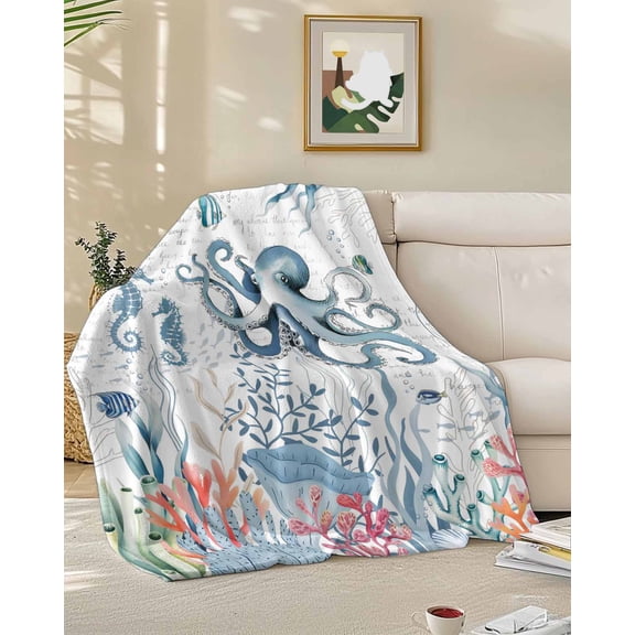 Fleece Blanket Marine Life Octopus Seahorse Blankets, Soft Cozy Warm Flannel Throw Blanket, Watercolor Corals Fish Blanket for Bed Couch Sofa,50x60In